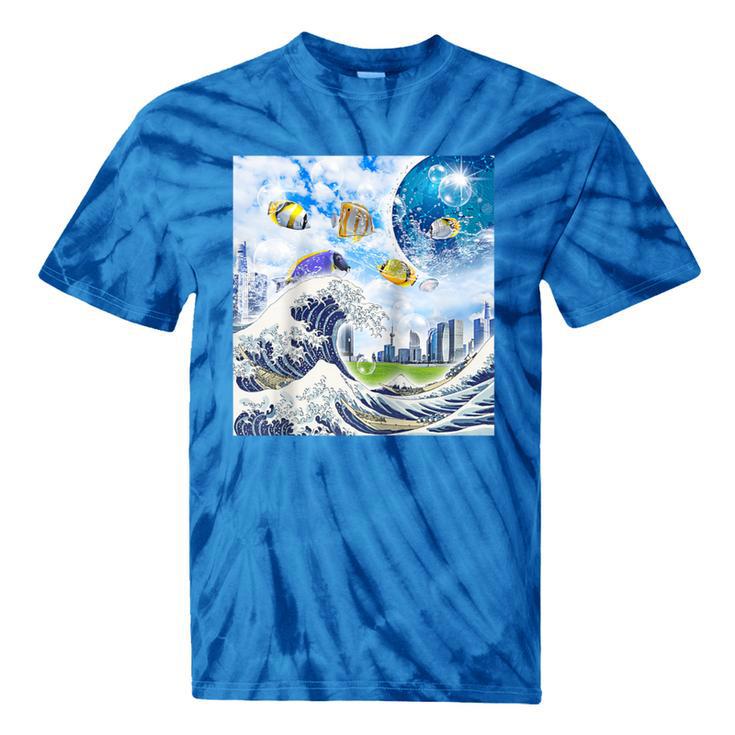 Frutiger Aero Aesthetic Tech Great Wave Of Kanagawa Fishes Raglan Baseball Tee Tie-Dye T-Shirts