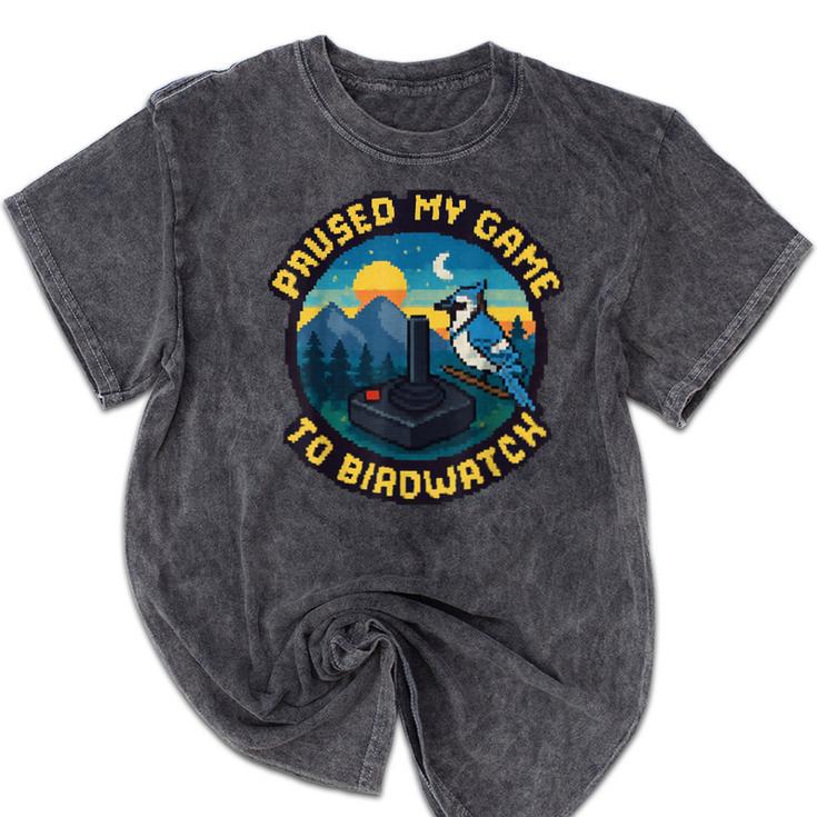 8-Bit Gamer Birder Blue Jay Arcade Nostalgia Nature Mineral Wash Tshirts