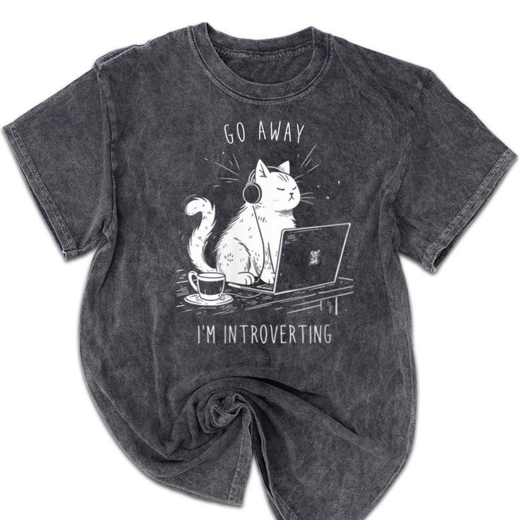 Antisocial Introvert Cat With Coffee On Computer Emo Goth Mineral Wash Tshirts