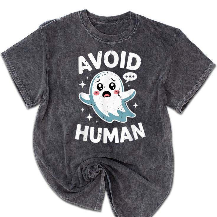 Avoid Humans Cute Kawaii Pastel Ghost Introvert Saying Mineral Wash Tshirts
