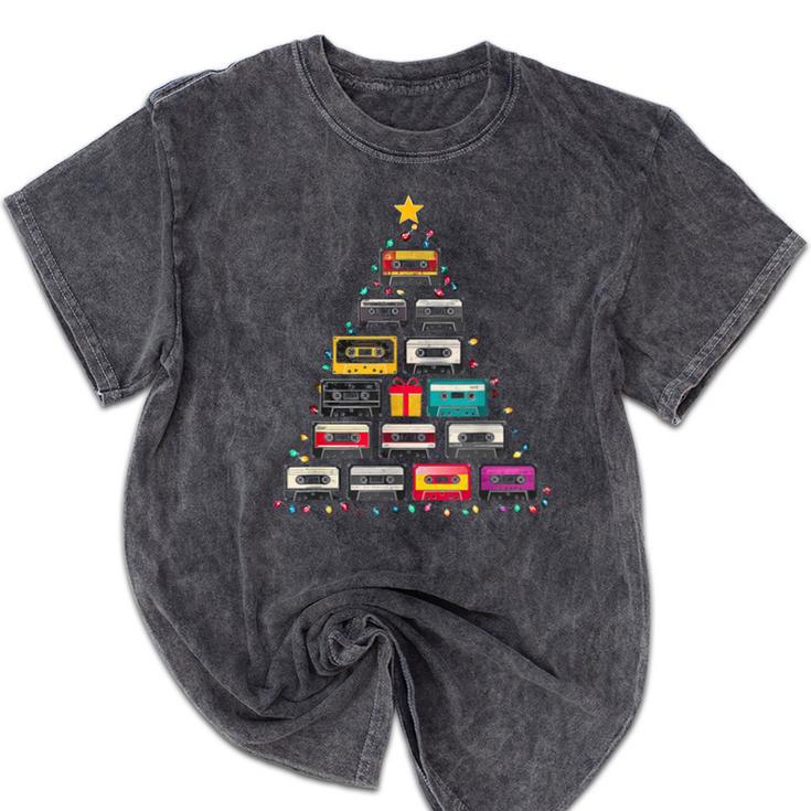 Cassette Tape Christmas Tree Graphic 80s 90s Retro Nostalgia Mineral Wash Tshirts