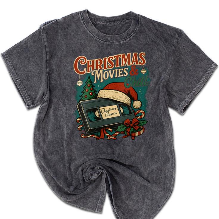 Christmas Movies Chill Retro VHS Holiday Nostalgia Mineral Wash Tshirts