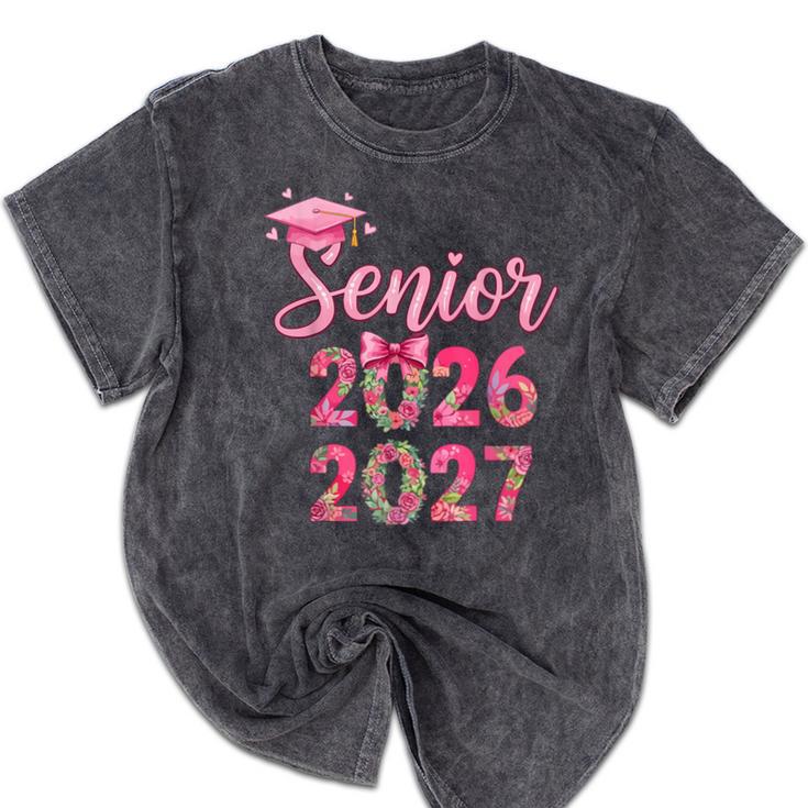 Coquette Pink Bow Flowers Senior 2026 2027 Graduation Mineral Wash Tshirts