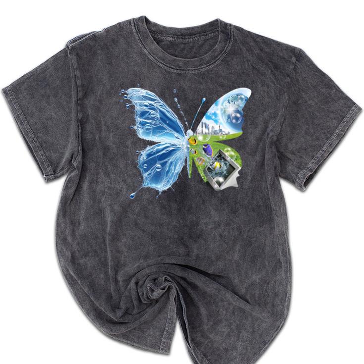 Frutiger Aero Aesthetic Butterfly Computer Fishes Scenery Mineral Wash Tshirts