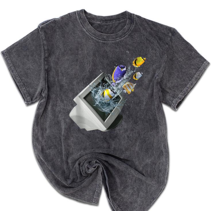 Frutiger Aero Aesthetic Tech Computer Aquarium Fishes Mineral Wash Tshirts