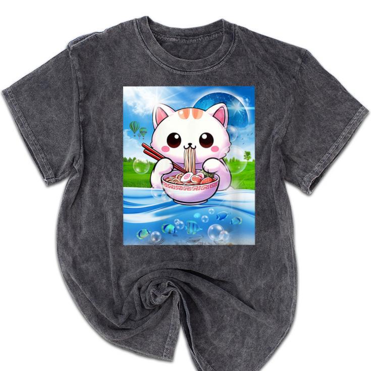 Frutiger Aero Aesthetic Tech Kawaii Ramen Cat Fishes Mineral Wash Tshirts