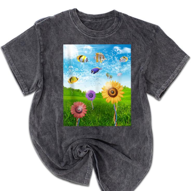 Frutiger Aero Aesthetic Tech Scenery Fishes Sunflower Mineral Wash Tshirts