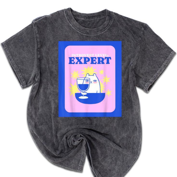 Fun Cute Introvert Cat Character With Wine Mineral Wash Tshirts