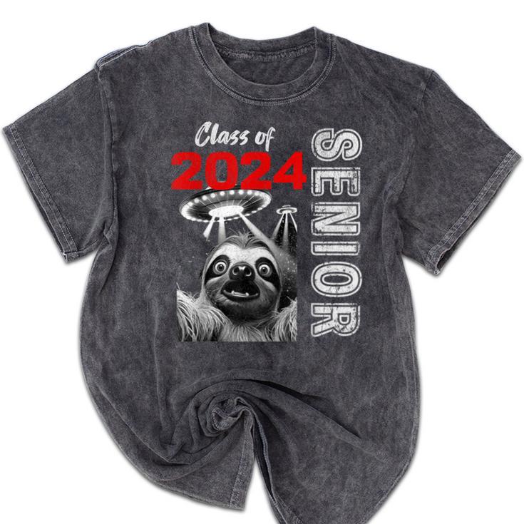 Fun Trendy UFO Sloth Graduation Class Of 2024 Senior Mineral Wash Tshirts