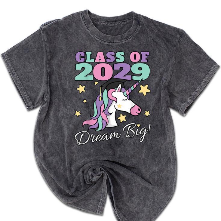 Girls Class Of 2029 Magical Unicorn Graduation Cap Mineral Wash Tshirts