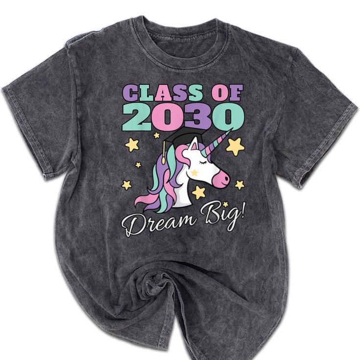 Girls Class Of 2030 Magical Unicorn Graduation Cap Mineral Wash Tshirts