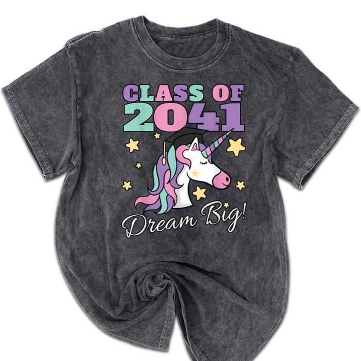 Girls Class Of 2041 Magical Unicorn Graduation Cap Mineral Wash Tshirts