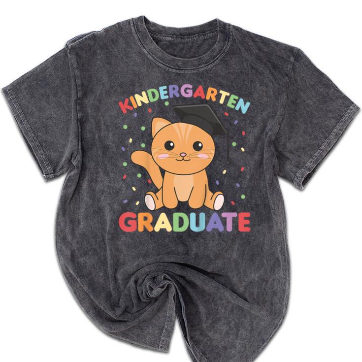 Kids Kindergarten Graduate Cat Graduation Mineral Wash Tshirts