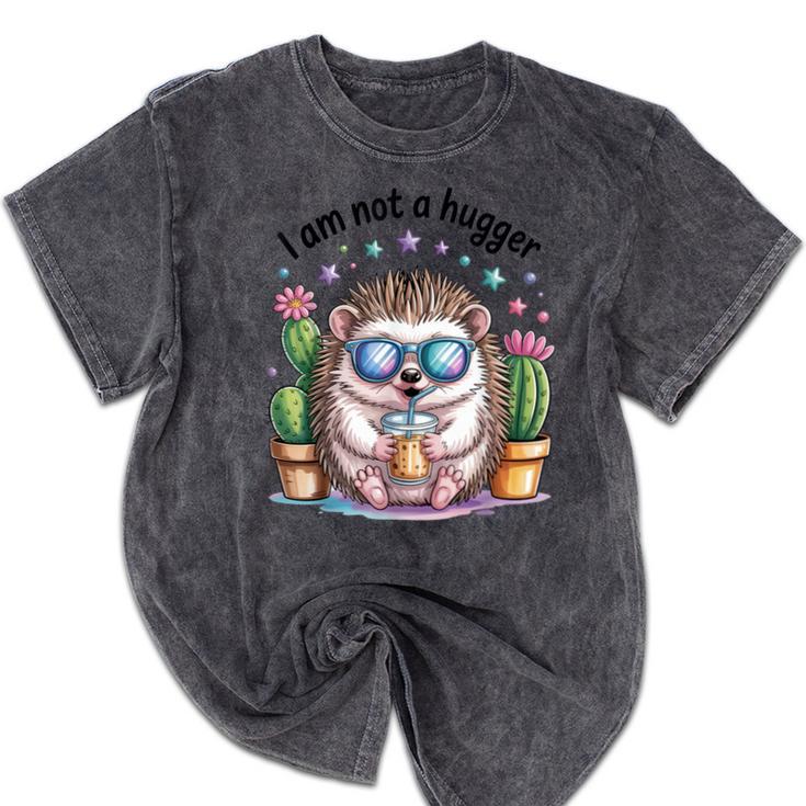 I Am Not a Hugger Introvert Hedgehog With Cactus Mineral Wash Tshirts