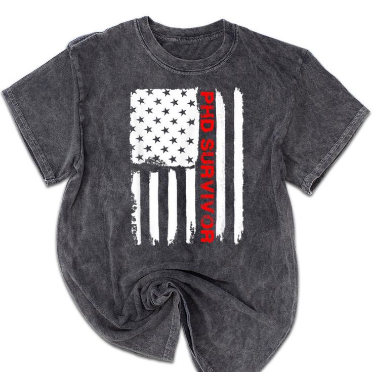PhD Survivor Graduation American Flag Shirt Degree Tee Women Kids Men Mineral Wash Tshirts