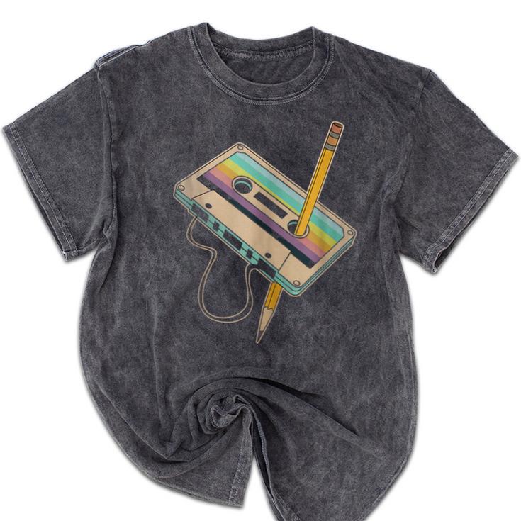Retro Cassette And Pencil 80s 90s Nostalgia Music Lover Mineral Wash Tshirts