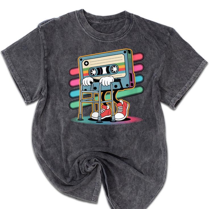 Retro Old Cassette Tape Cartoon With Walker Nostalgia Mineral Wash Tshirts