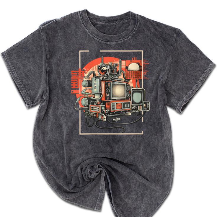Retro Tech Stack 80s 90s Nostalgia Analog TV Cameras Mineral Wash Tshirts