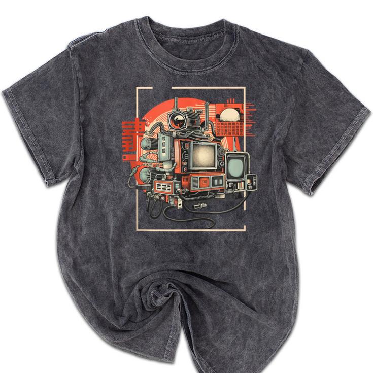 Retro Tech Stack 80s 90s Nostalgia Analog TV Cameras Mineral Wash Tshirts