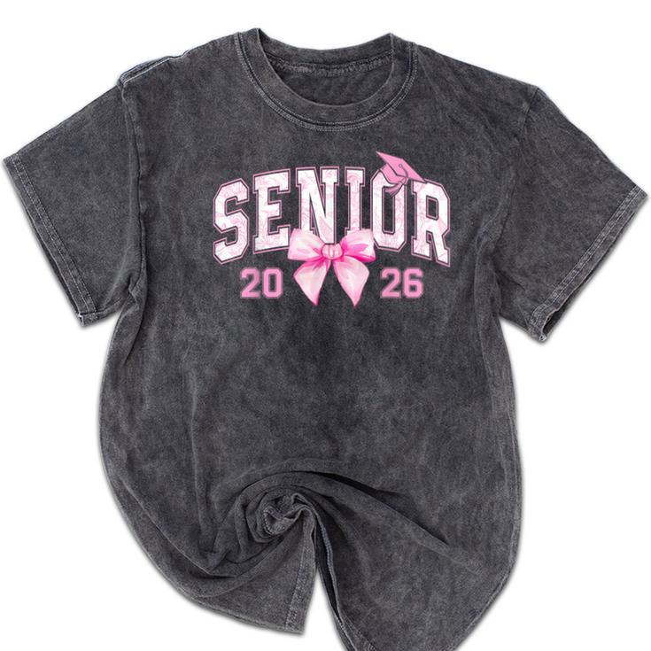 Senior 2026 Coquette Pink Bow Girls Class Of 2026 Graduation Mineral Wash Tshirts
