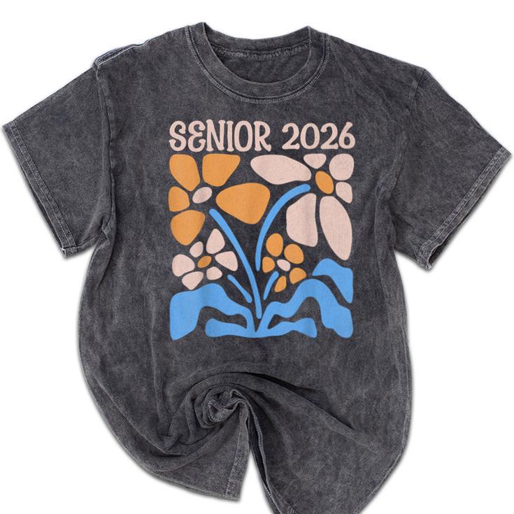 Senior 2026 Retro Groovy Flowers Graduation Mineral Wash Tshirts