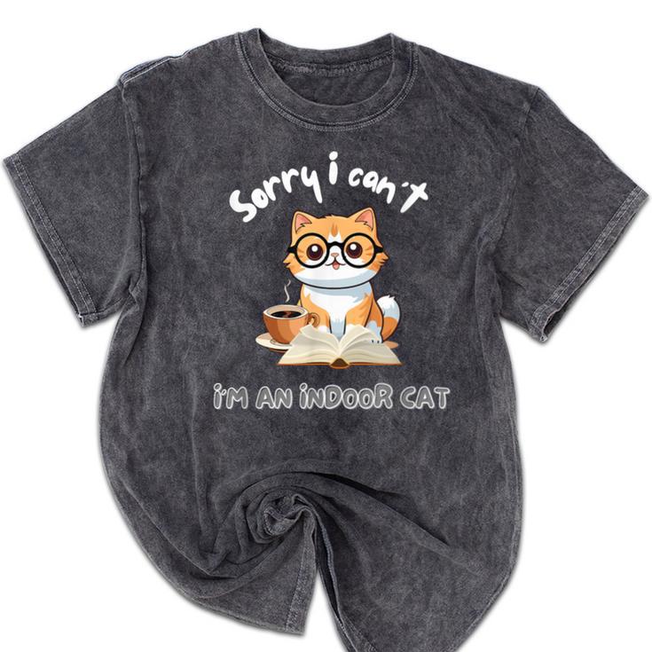 Sorry I Can't Indoor Cat Top For Introvert With Coffee Book For Men Women Kids Mineral Wash Tshirts