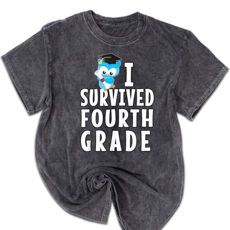 I Survived Fourth Grade Graduation Kids Owl Grad Mineral Wash Tshirts