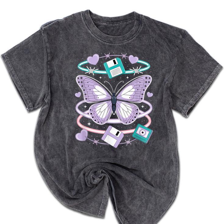 Y2K Butterfly Floppy Disk Art Digital Nostalgia Mineral Wash Tshirts
