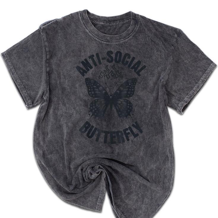 Anti-Social Butterfly Awkward Introvert Homebody Humor Mineral Wash Tshirts
