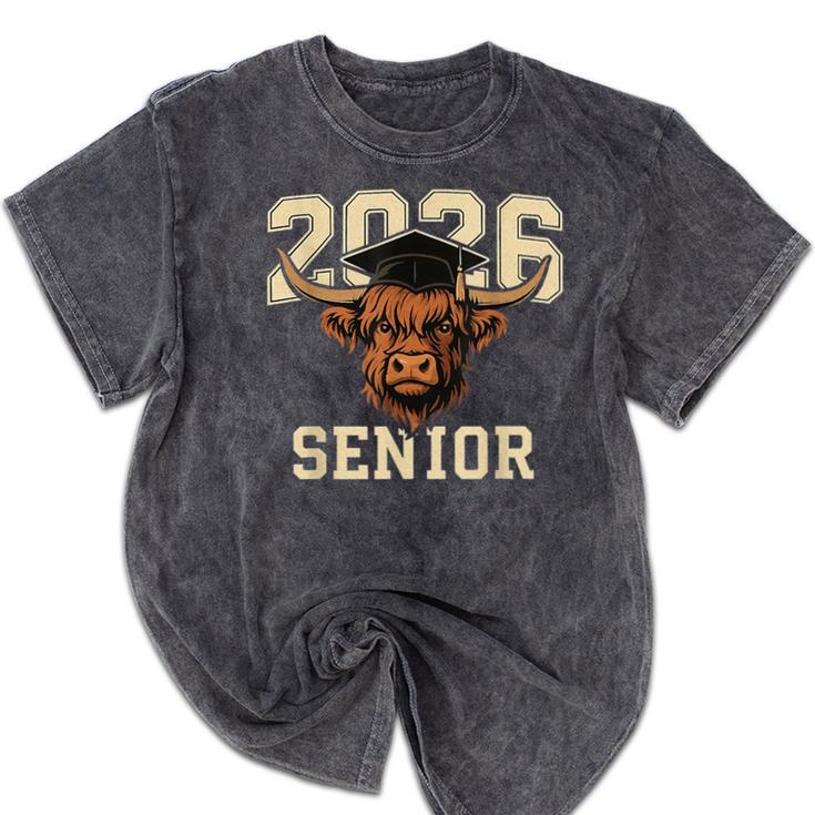 Class Of 2026 Highland Cow Senior Graduation School Pride Mineral Wash Tshirts
