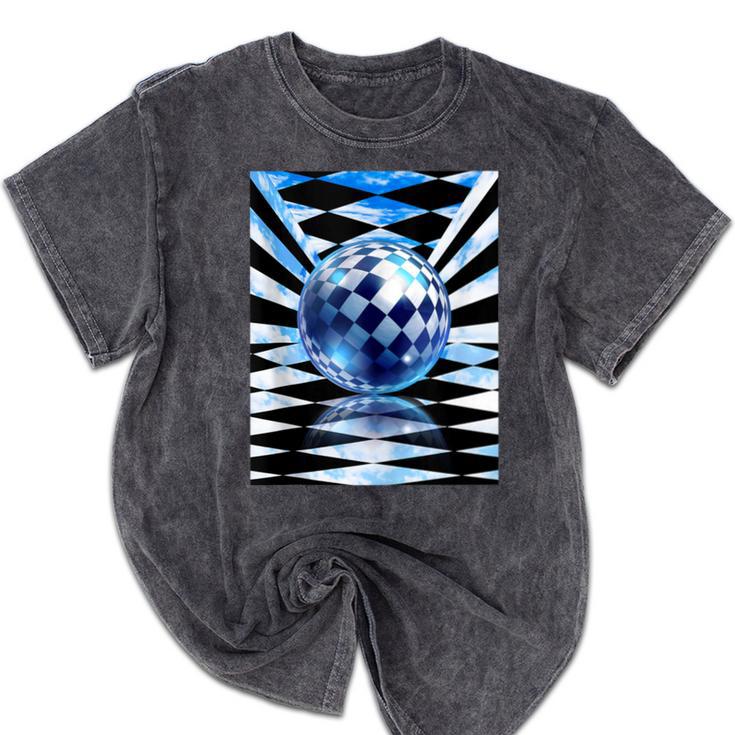 Frutiger Aero Aesthetic Tech Checkered Room Orb Sky Mineral Wash Tshirts