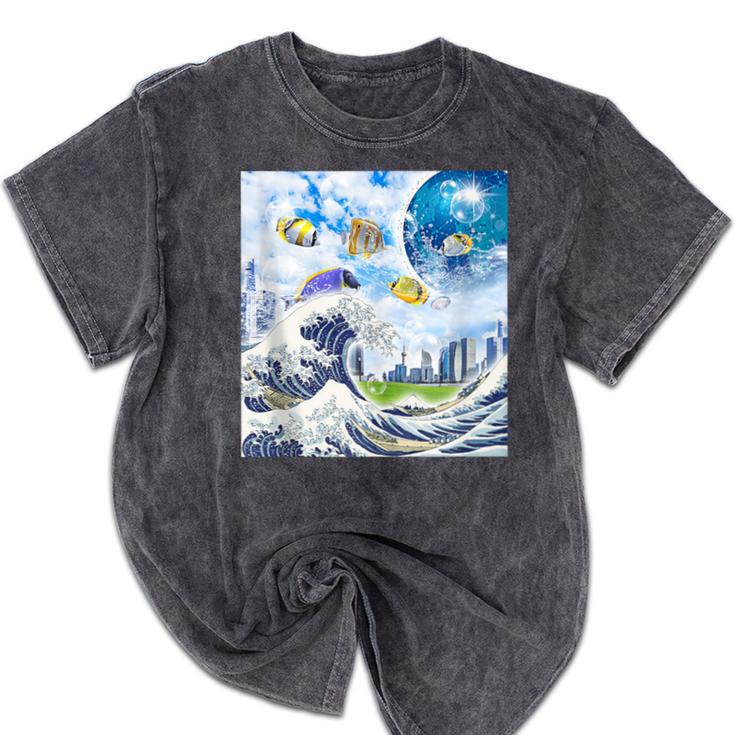 Frutiger Aero Aesthetic Tech Great Wave Of Kanagawa Fishes Mineral Wash Tshirts Frutiger Aero Aesthetic Tech Great Wave Of Kanagawa Fishes Mineral Wash Tshirts