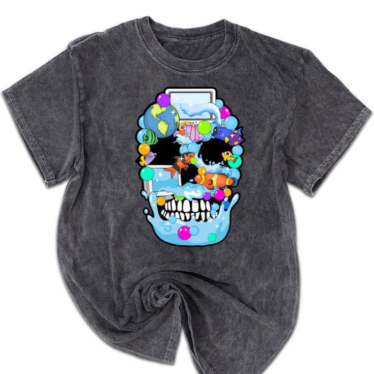 Frutiger Aero Aesthetic Tech Skull Computer Fishes Mineral Wash Tshirts
