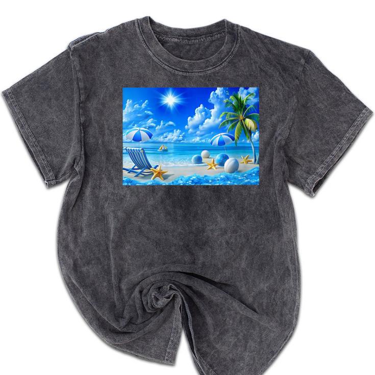 Frutiger Aero Beach Y2k Aesthetic Palm Tree Sand Ocean Mineral Wash Tshirts