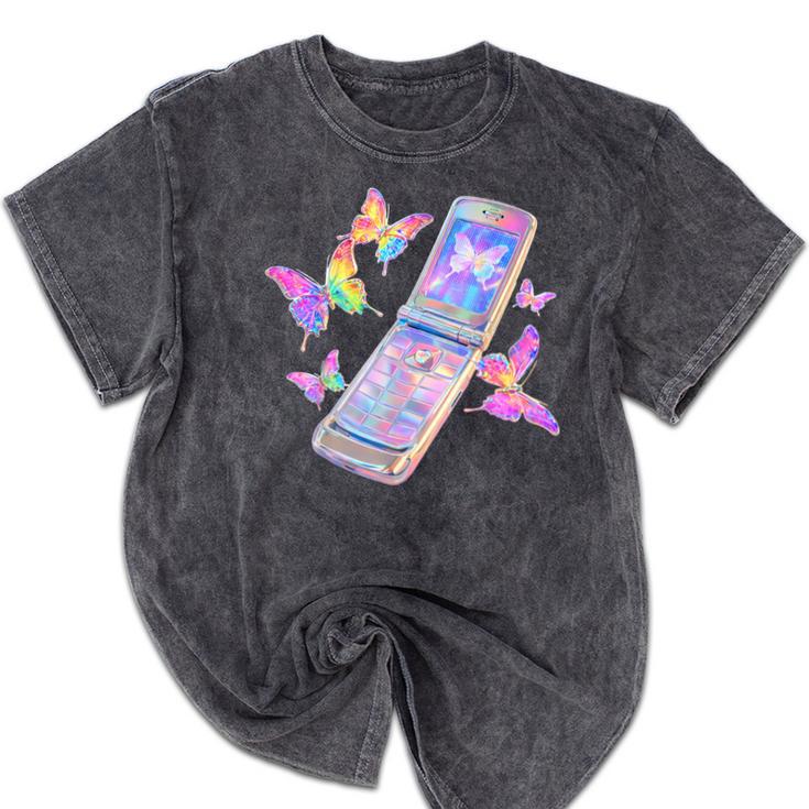 Frutiger Aero Y2K Chrome Phone Butterfly Mineral Wash Tshirts Frutiger Aero Y2K Chrome Phone Butterfly Mineral Wash Tshirts
