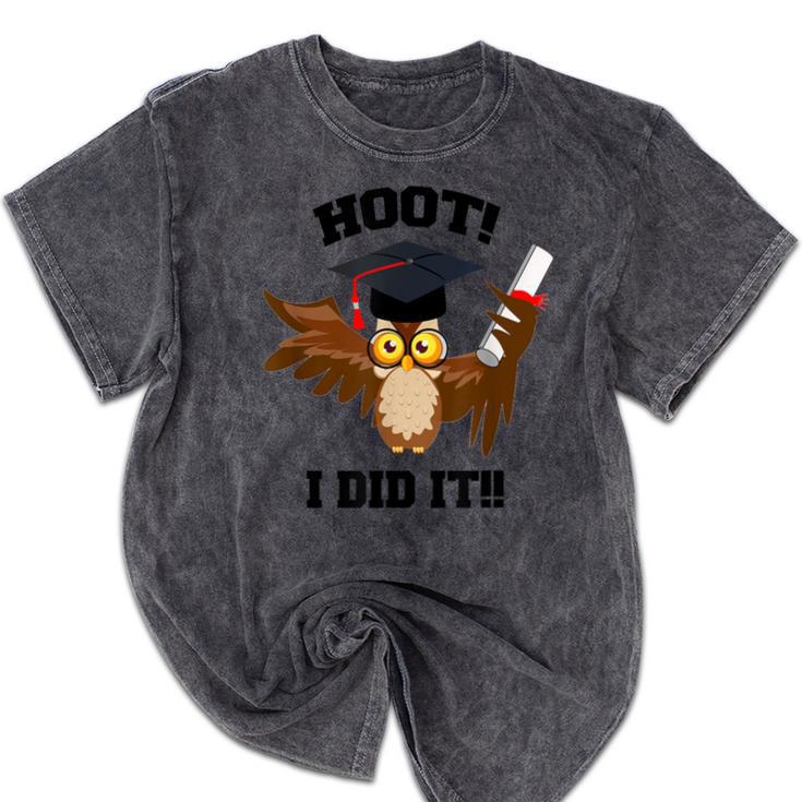 Hoot I Did It Grad Owl Holding Graduation Diploma Congrats Mineral Wash Tshirts