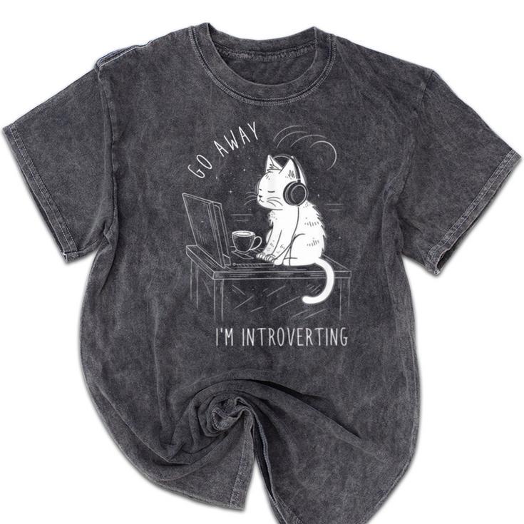 Introvert Cat With Coffee On Computer Antisocial Emo Goth Mineral Wash Tshirts