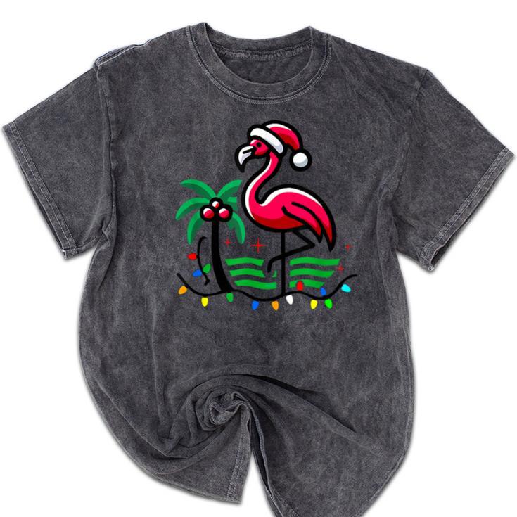 Nostalgia Holiday Tees -Adult Christmas Flamingo Small Short Sleeve Crew Neck Cotton Polyester Lightweight Ribbed Cuff Winter Mineral Wash Tshirts