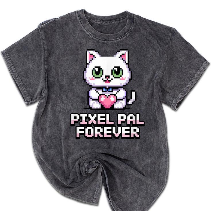 Pixel Art Pet Cat Y2K Retro Vintage Digital Nostalgia Tech Mineral Wash Tshirts