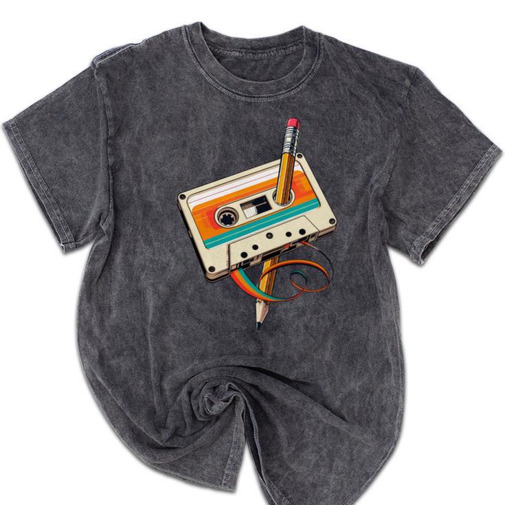 Retro Cassette Tape & Pencil Rewind Nostalgia Party 80s 90s Mineral Wash Tshirts