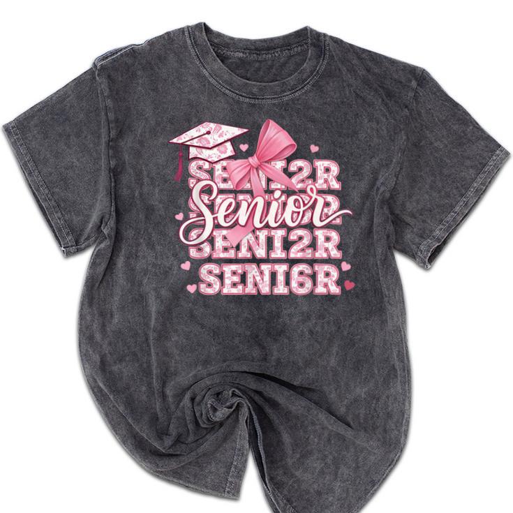 Senior 2026 Class Of 2026 Cute Coquette Pink Bow Graduation Mineral Wash Tshirts