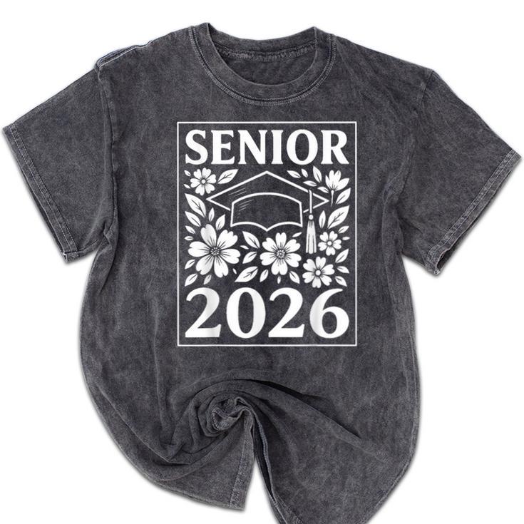 Senior 2026 Floral Flowers Class Of 2026 Graduation Kids Mineral Wash Tshirts
