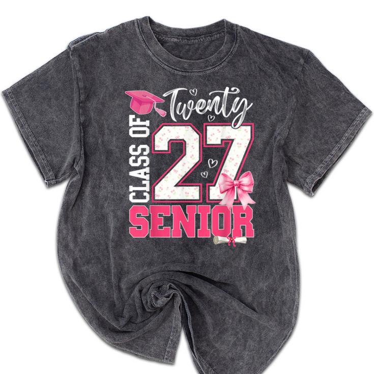 Senior 2027 Class Of 2027 Pink Coquette Bow Graduation Girl Mineral Wash Tshirts