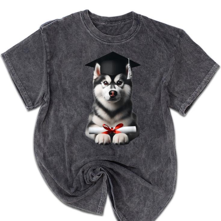 Siberian Husky Dog Graduation Cap Training School Graduate Men Women Kids Mineral Wash Tshirts
