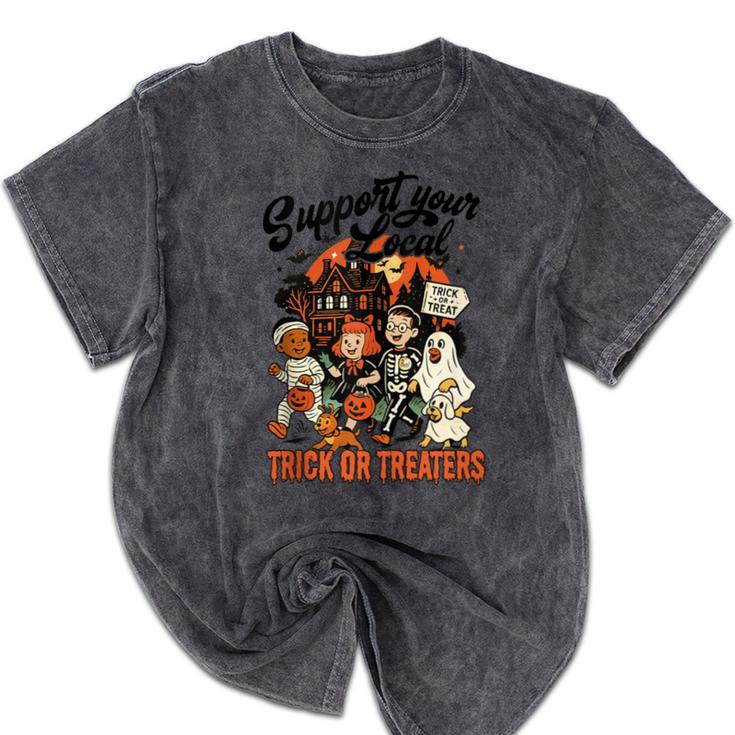 Support Your Local Trick Or Treaters Retro Spooky Nostalgia Mineral Wash Tshirts
