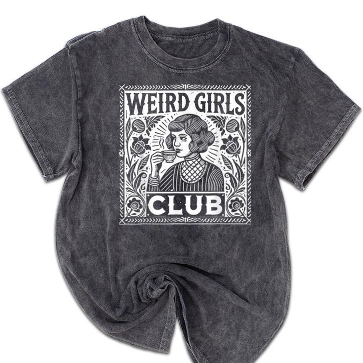 Weird Girls Club Vintage Linocut Retro Introvert Aesthetic Mineral Wash Tshirts