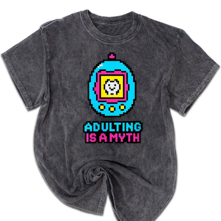 Women's Adulting Is A Myth Retro Pixel Pet Nostalgia Millennials Mineral Wash Tshirts