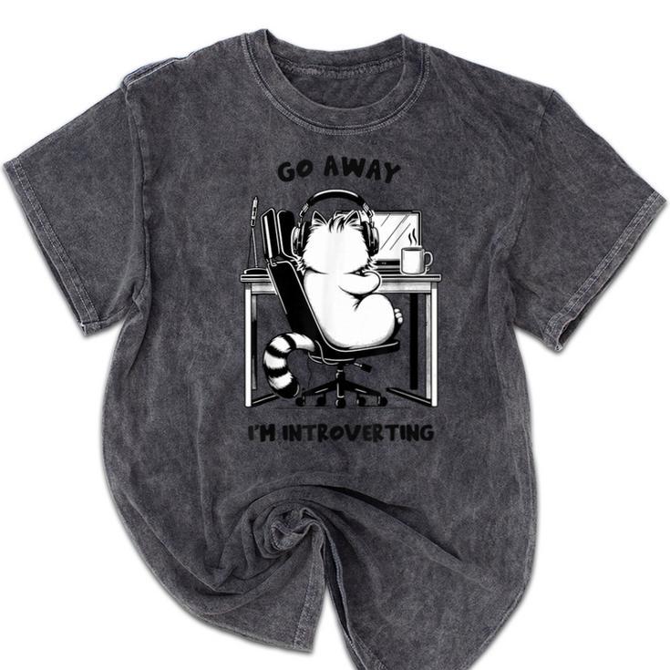 Cat With Coffee On Computer Go Away I'm Introverting Mineral Wash Tshirts