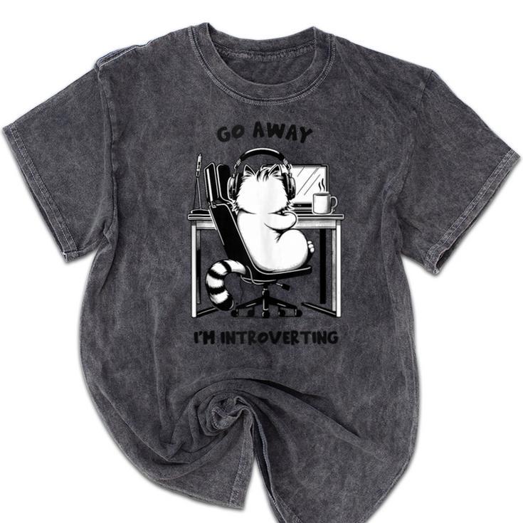 Cat With Coffee On Computer Go Away I'm Introverting Mineral Wash Tshirts