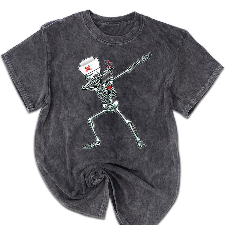 Dabbing Skeleton Nurse  Halloween Graduation Mineral Wash Tshirts